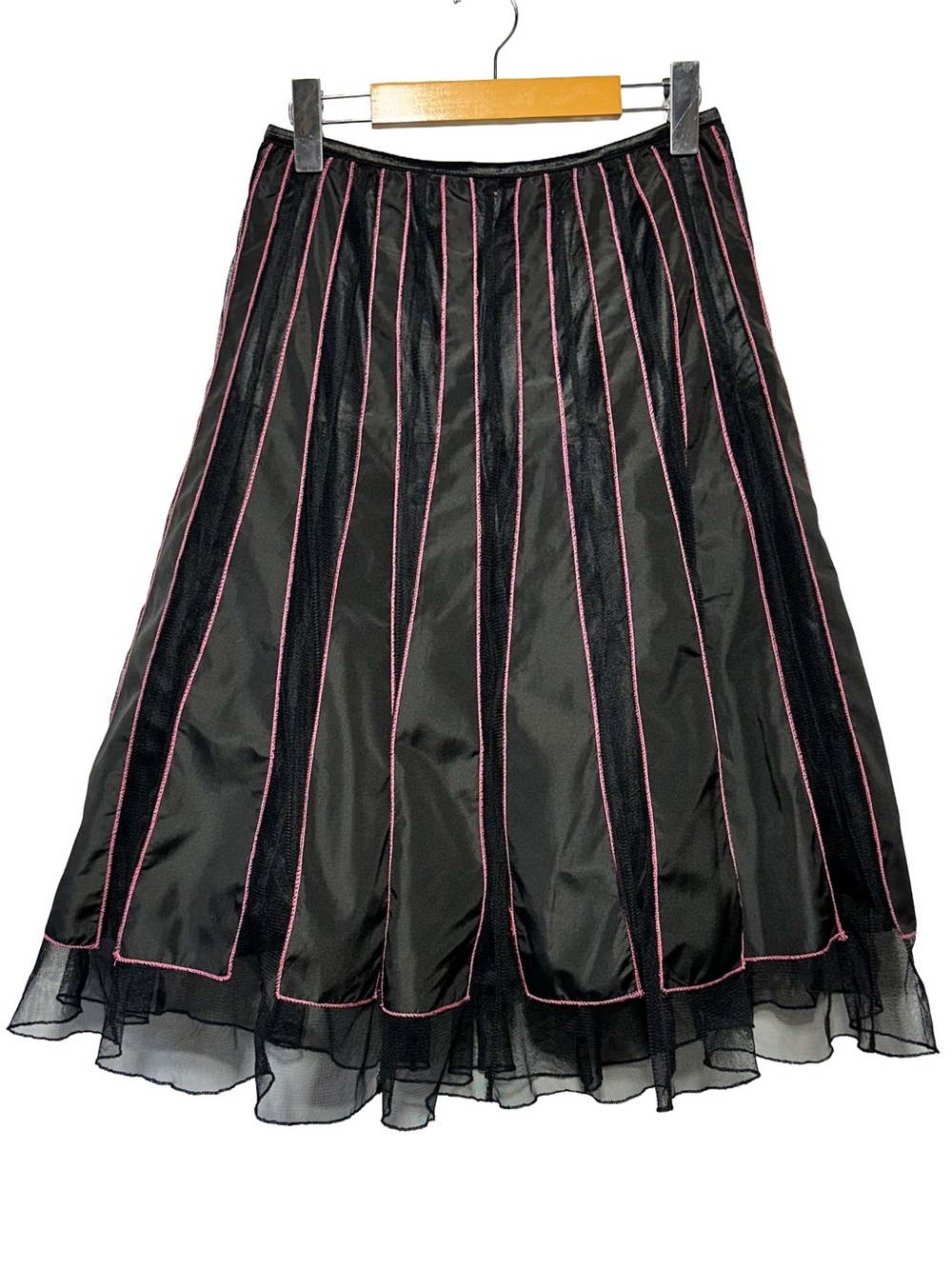 Sun Woman Black Mesh Trim A-Line Midi Skirt Pink Contrast Stitch Hong Kong L